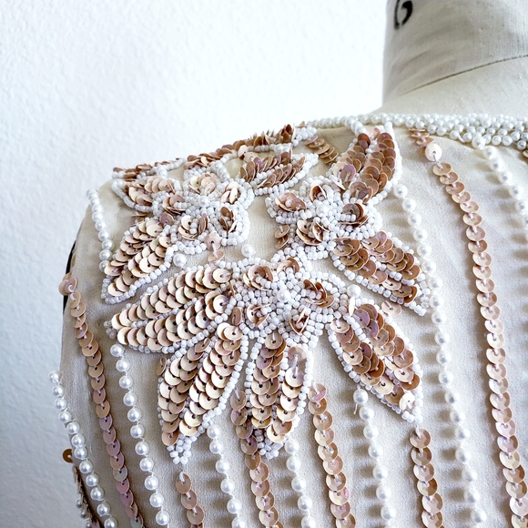 Vintage 80s Cream White Silk Bead Sequin Blouse - Picture 5 of 6